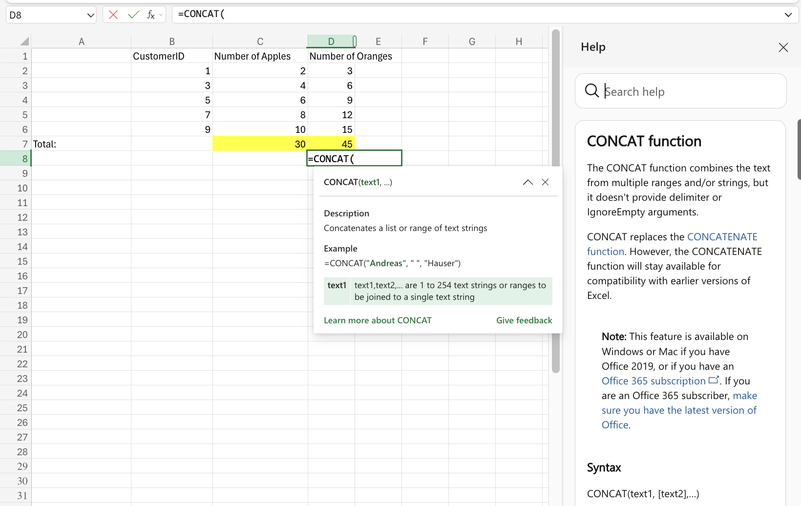 Excel Concatenation example