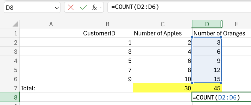 Excel Count Fucntion example