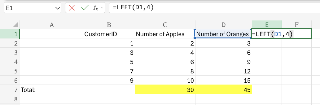 Excel =LEFT example