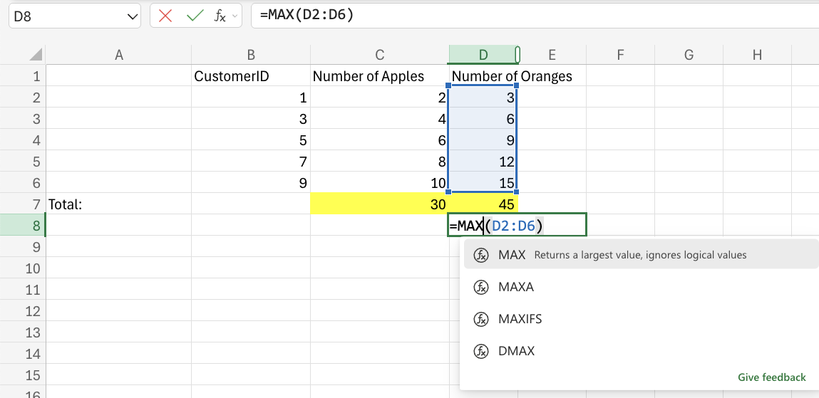 Excel Max example