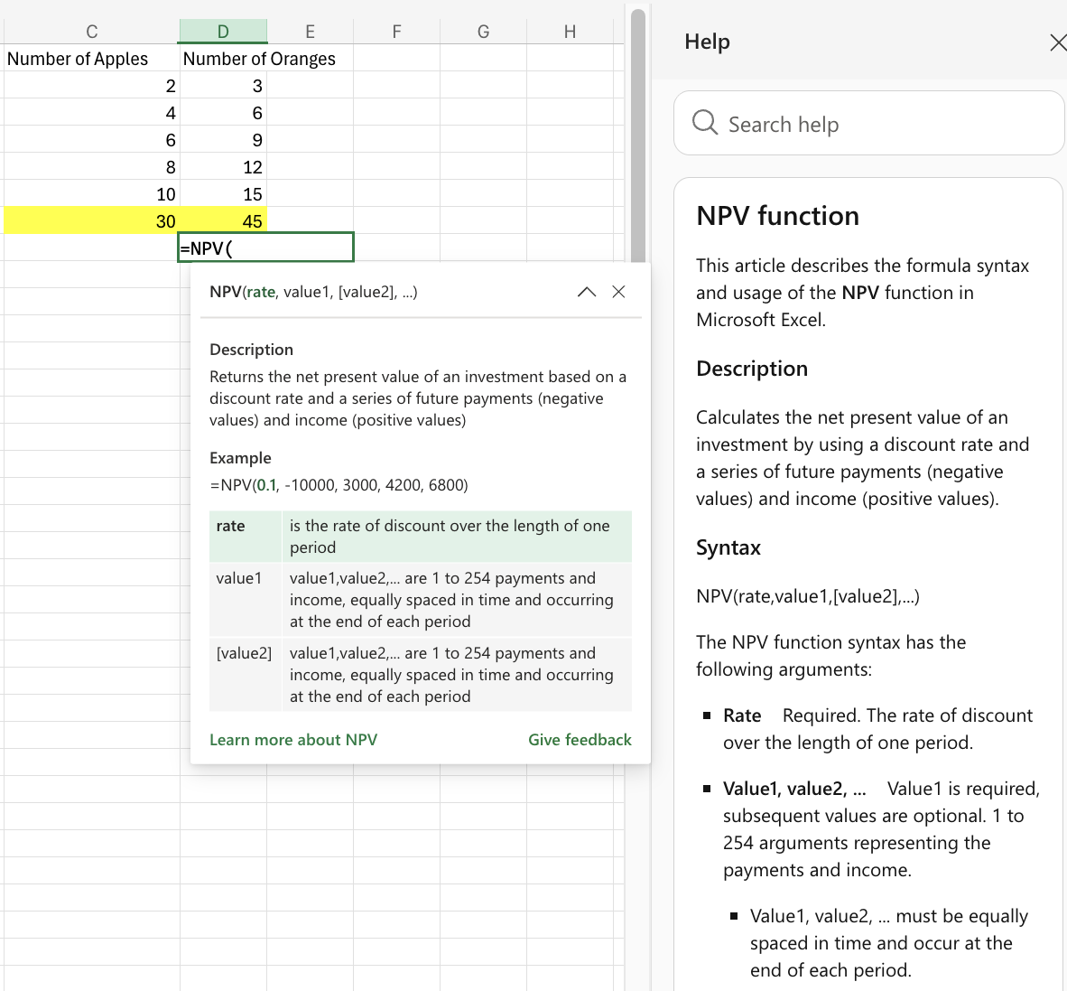 Excel NPV example