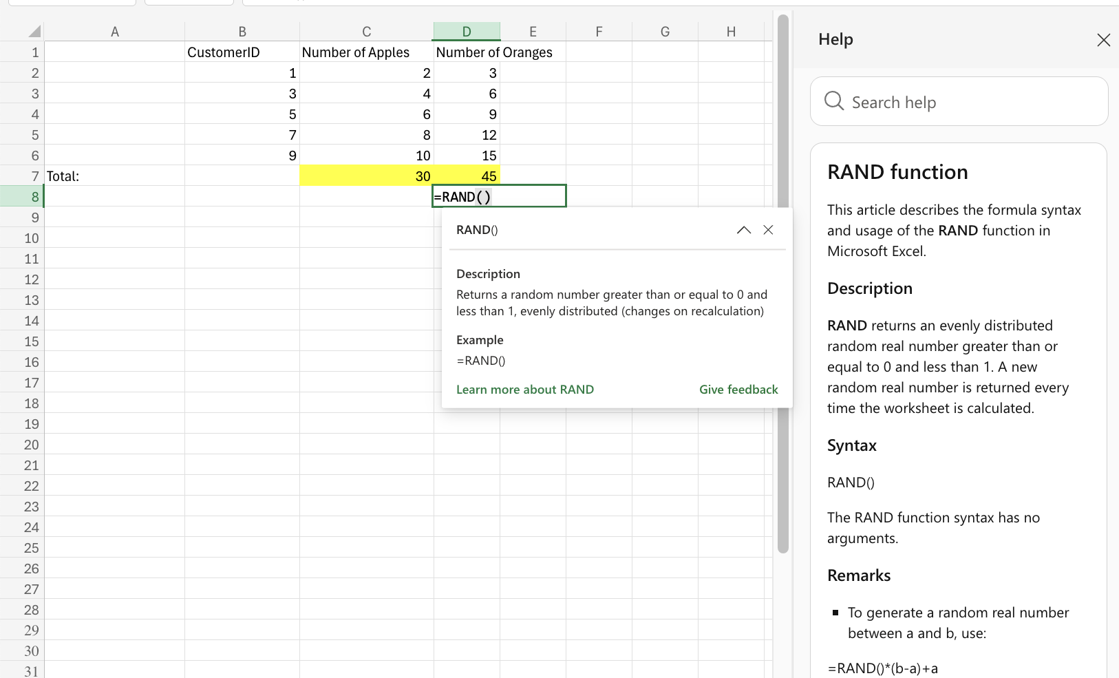 Excel Random Number Generator example