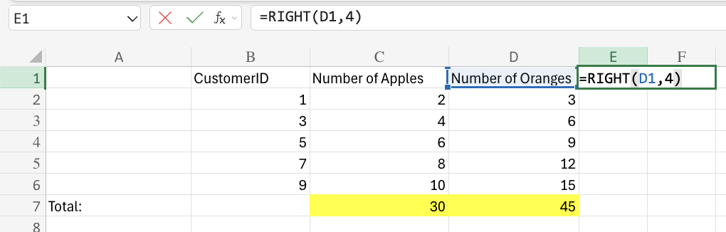 Excel =RIGHT example
