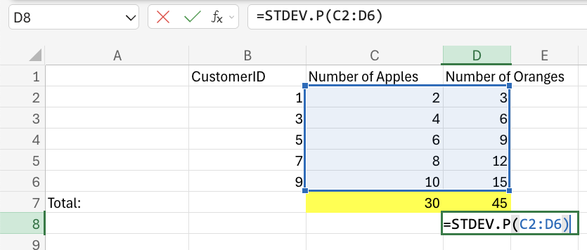 Excel STDEV.P example
