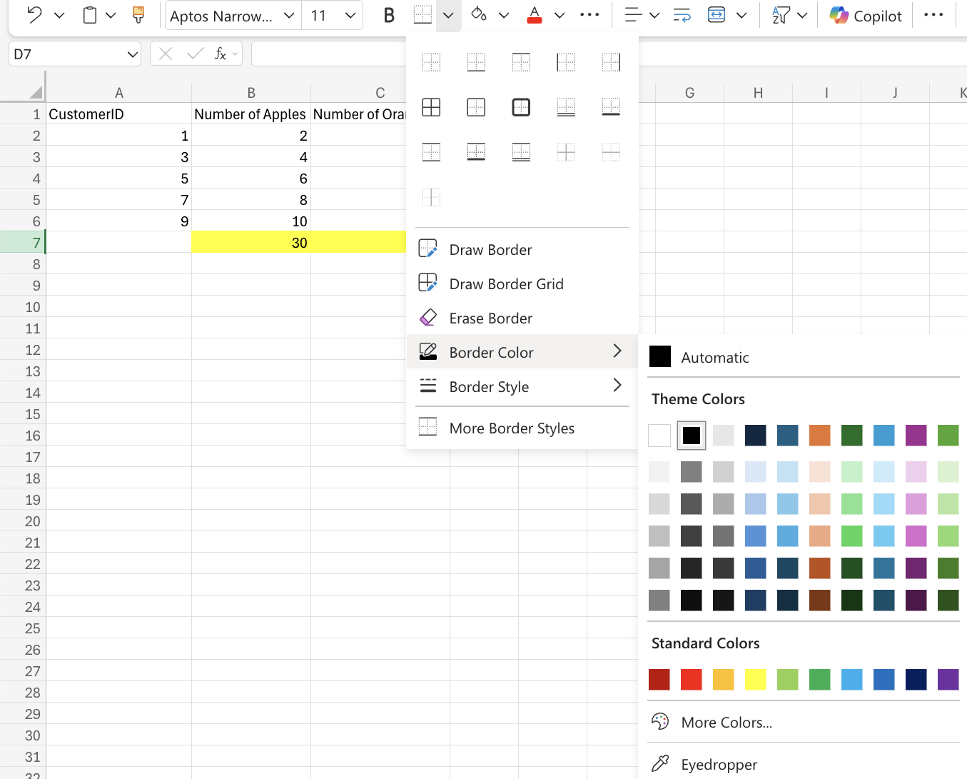 Excel Border Colors example