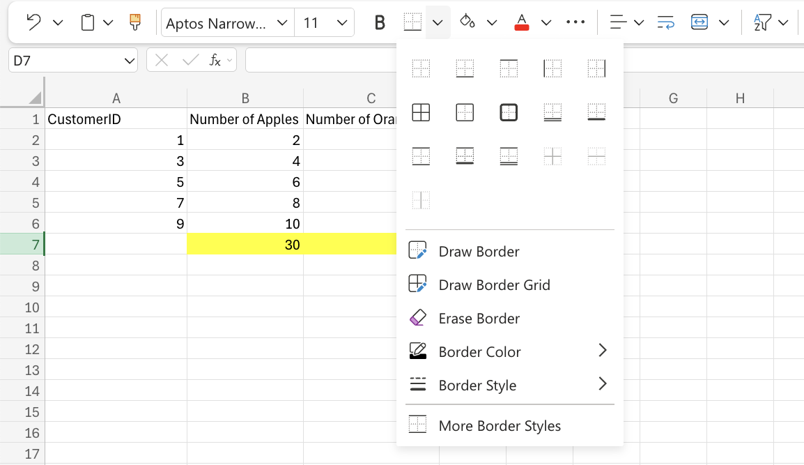Excel Format Borders example
