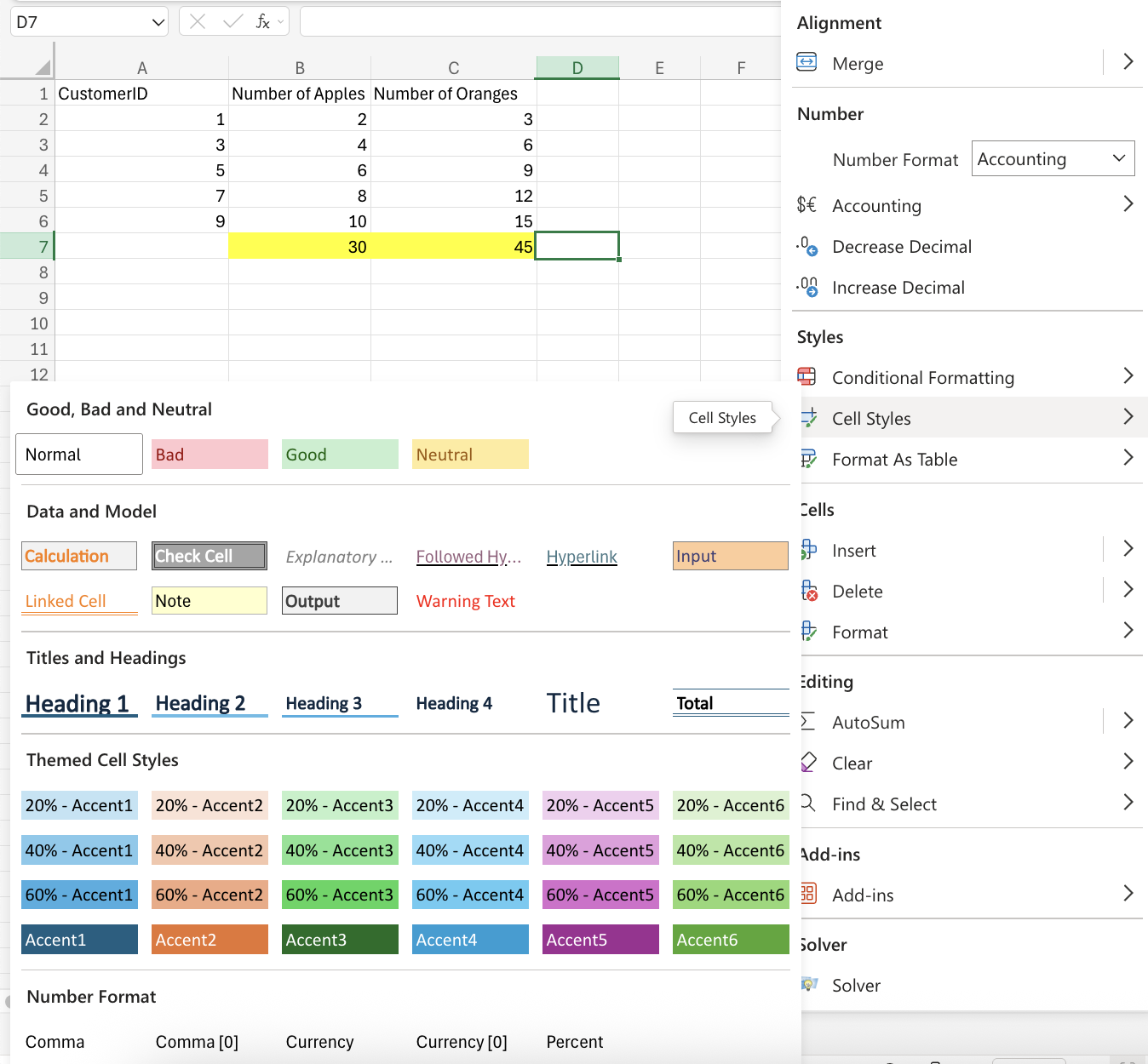 Excel Cell Styles example