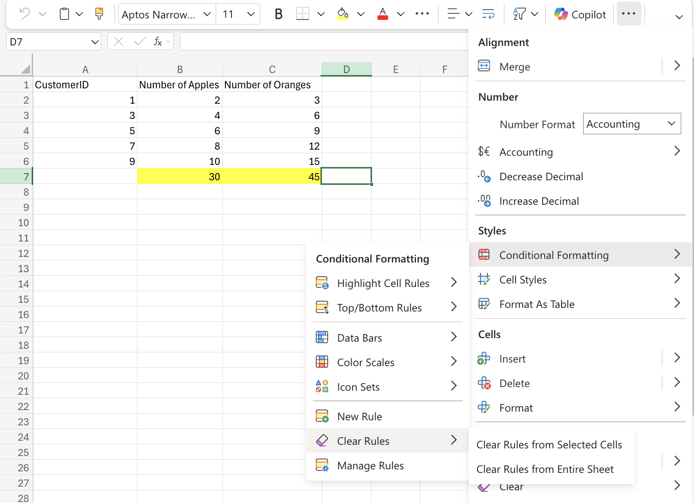 Excel Clear Rules example