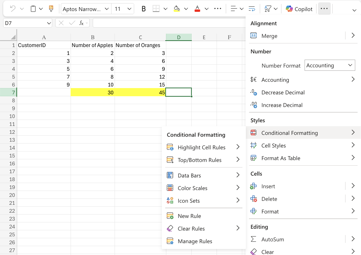 Excel Conditional Formatting example