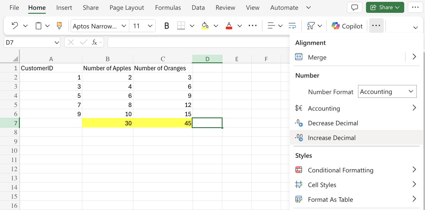 Excel Decimal Formats example