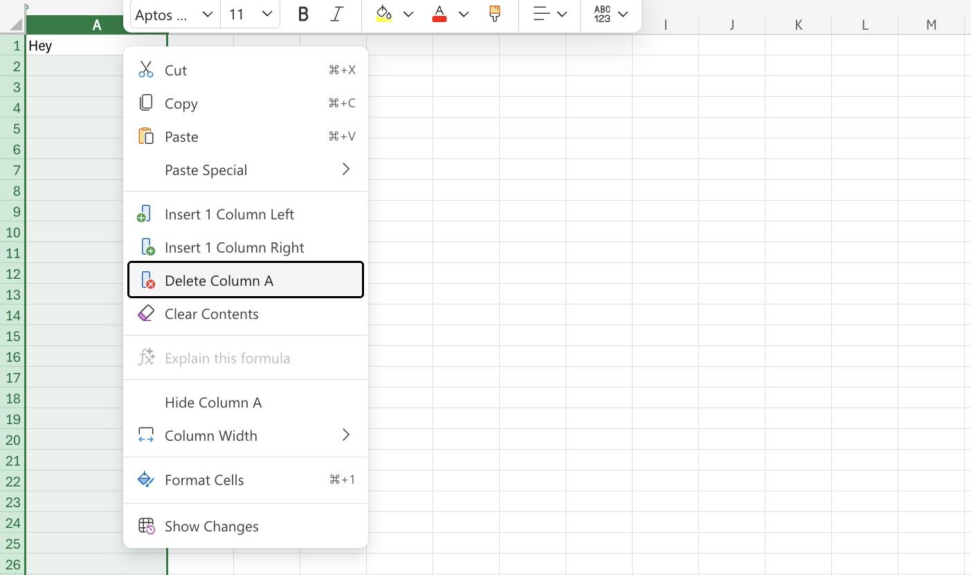Excel Delete Column example