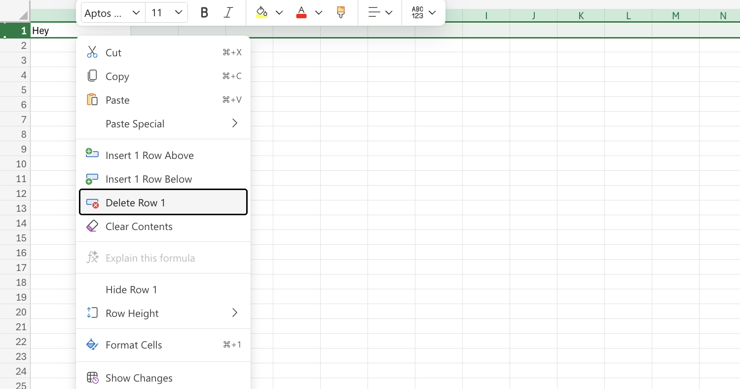 Excel Delete Row example