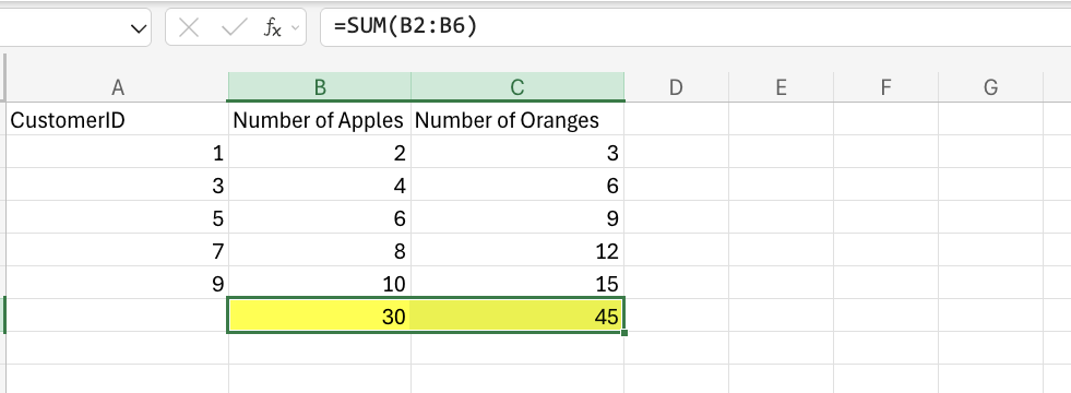 Excel Formulas with fill operation example