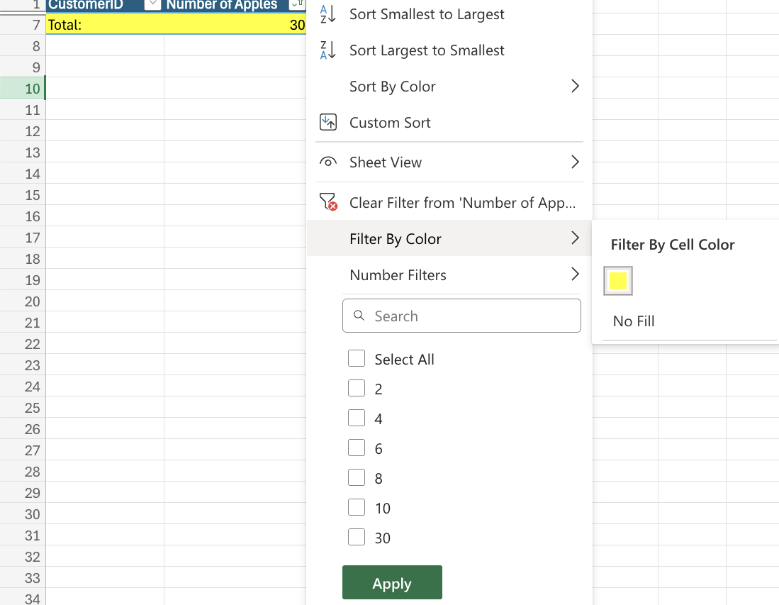 Excel Filtering example