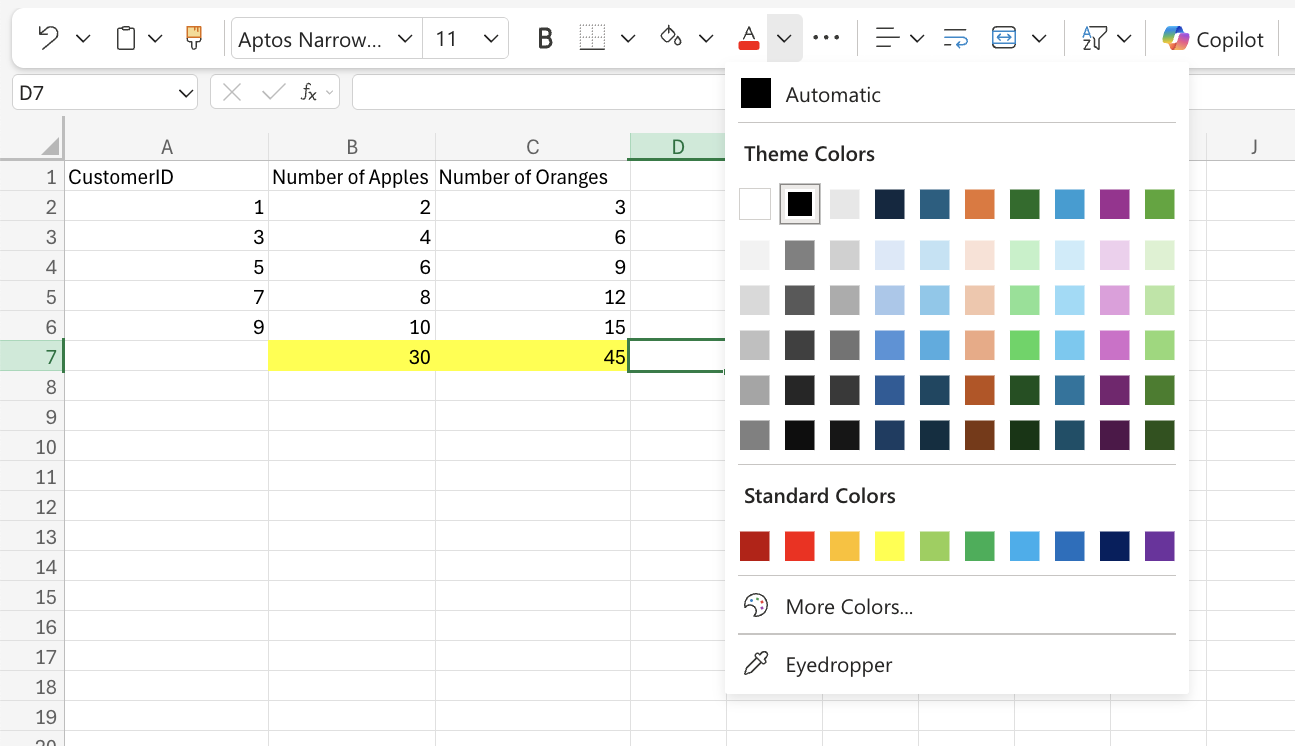 Excel Font Colors example