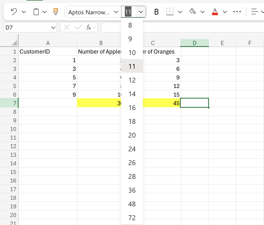 Excel Font Size example
