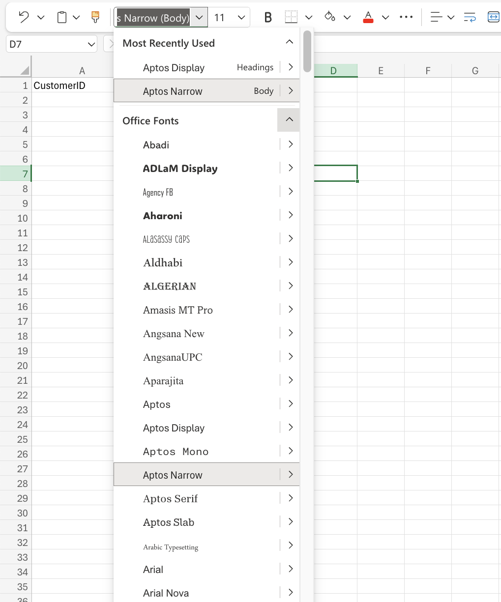 Excel Font Types example