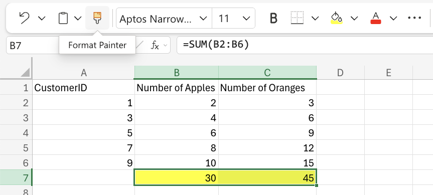 Excel Format Painter example