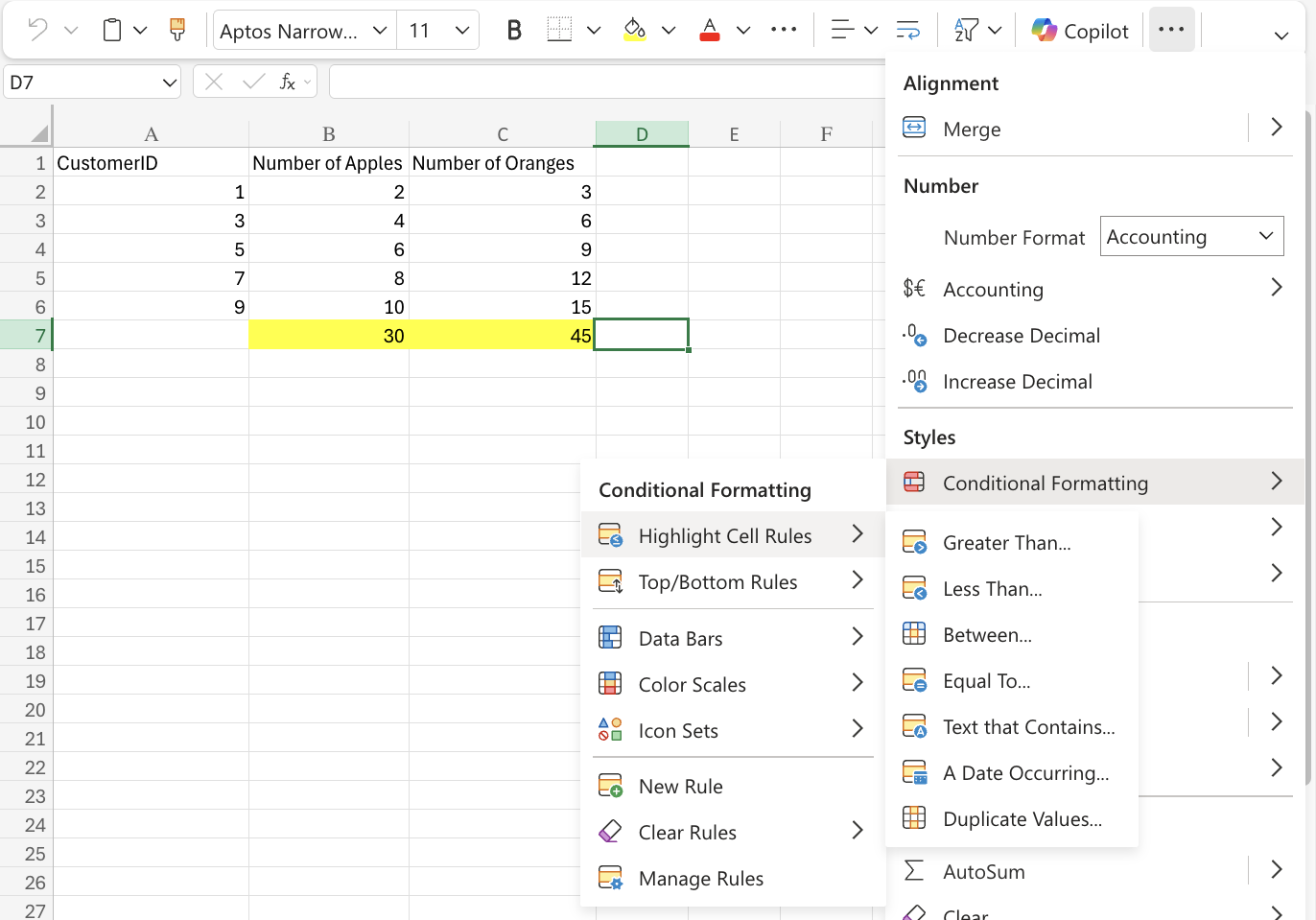 Excel Highlighting Cells example