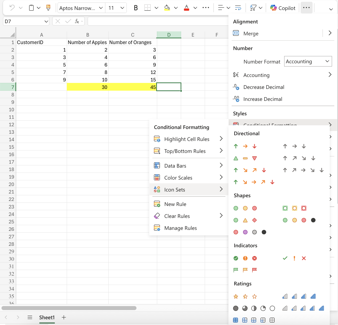 Excel Icon Sets example