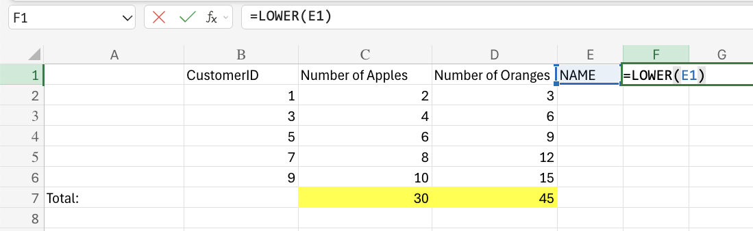 Excel Lowercase example