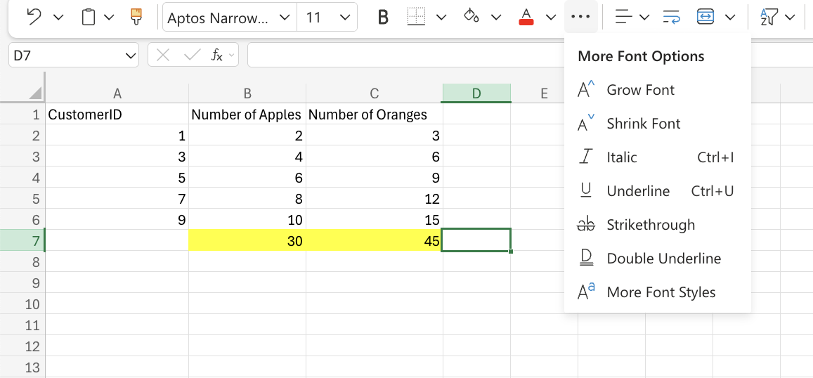 Excel More Font Options example