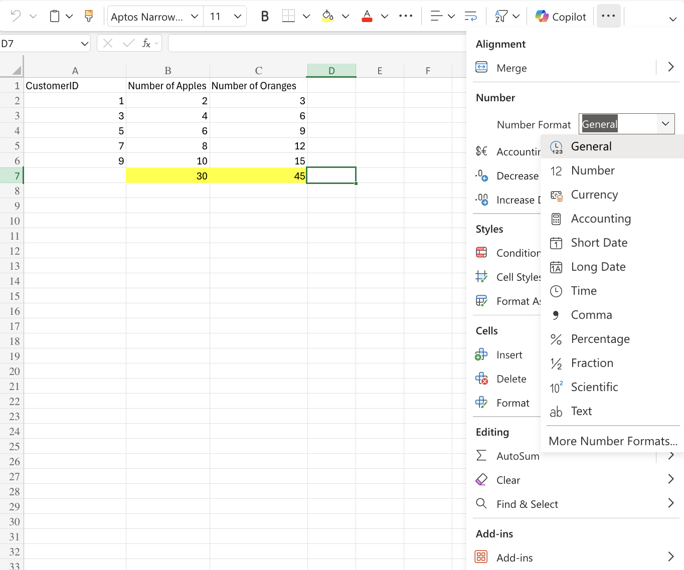 Excel Number Formats example