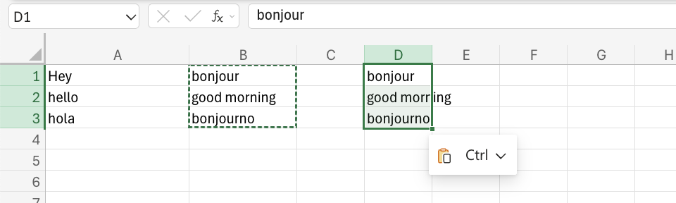 Excel Paste function example