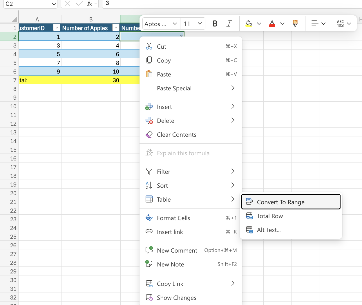 Excel Table To Range example