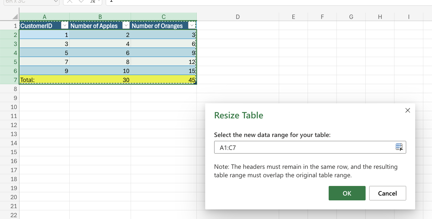 Excel Table Resizing example