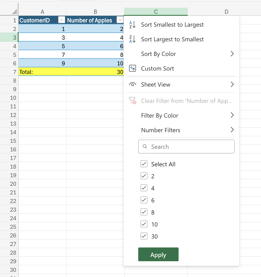 Excel Table Sorting example