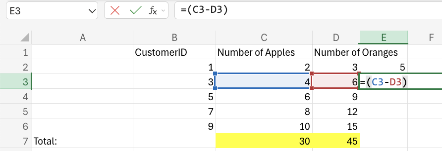 Excel Subtraction example