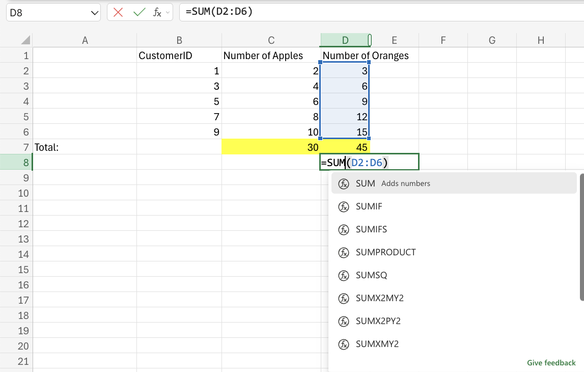 Excel SUM Function example