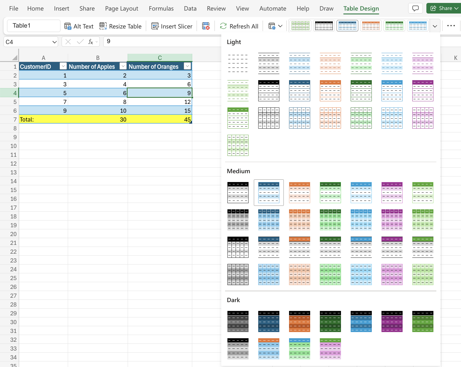 Excel Table Styles example